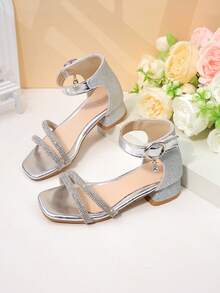 Giày sandal cao gót đính đá lấp lánh màu bạc cho bé gái, kiểu mũi vuông, có khóa dán, giày công chúa cho trẻ em. - Bạc - Xem 3