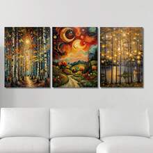 Bộ 3 tranh canvas phong cách Klimt hình trăng sao, tranh bầu trời đêm vàng, bộ 3 tranh bầu trời sao mộng mơ, tranh trang trí thanh lịch cho phòng khách. - Nhiều màu - Xem 10