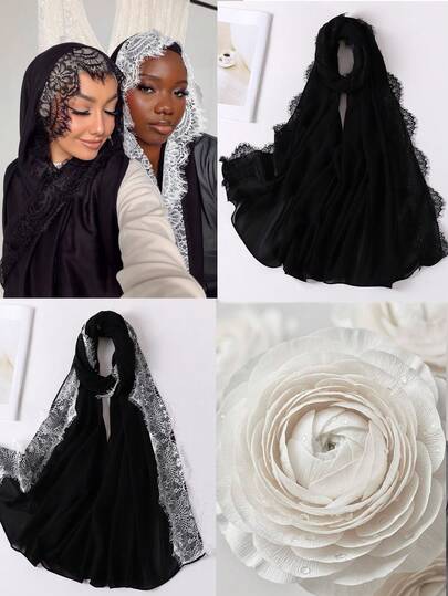 透气浪漫蕾丝拼接雪纺端庄头巾，搭配蕾丝，适合搭配长袍，春夏款