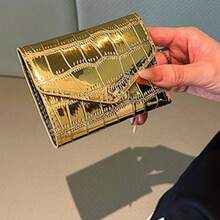 2 件套亮面金银鳄鱼纹压花钱包卡包，优质材料，实用百搭 - 金色 - 查看 2
