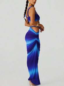 Conjunto de camiseta sin espalda sexy y falda larga plisada para mujer, atuendo de vacaciones de verano - Azul - Ver 2