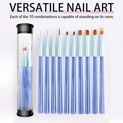 Bộ 10 cọ vẽ móng nghệ thuật kèm hộp đựng, cán màu xanh kim tuyến, dụng cụ vẽ móng nghệ thuật dùng cho sơn gel, tạo chi tiết, kẻ viền, đắp acrylic. Mỗi một trong 10 bộ cọ đều có thể sử dụng riêng lẻ.