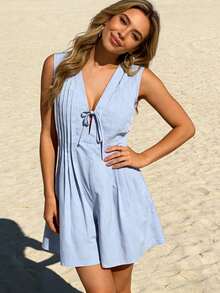 Nuevo estilo de mujer Mono suelto de línea A de longitud de té francés elegante y casual con cuello en V azul, hombros con lazo y detalles plisados con cremallera, para primavera y verano - Azul - Ver 3