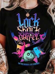 1pc Womens Nightmare Before Christmas T-Shirt - Retro 90s Lock Shock Barrel Graphic Tee With - Official Land Halloween P - 黑色 - 查看 1