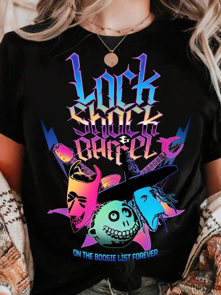 1pc Womens Nightmare Before Christmas T-Shirt - Retro 90s Lock Shock Barrel Graphic Tee With - Official Land Halloween P - 黑色 - 查看 1