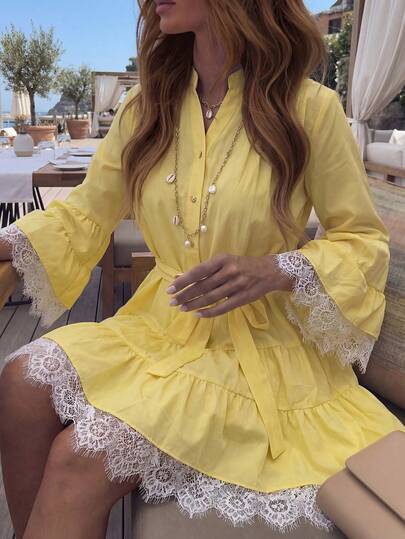 Vestido largo de manga larga elegante con cintura anudable, estilo cómodo y holgado, con flecos, encaje calado y mangas acampanadas, en estilo de vacaciones en la playa francesa de primavera y verano