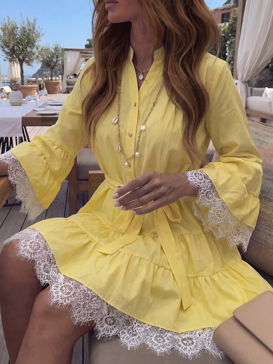 春夏法式海滩度假风流苏镂空蕾丝边喇叭袖宽松舒适系带腰身黄色长袖连衣裙，优雅 - 黃色 - 查看 1