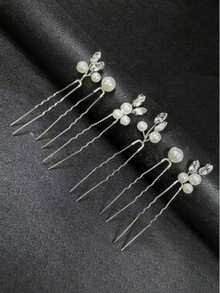 6pcs Pearl Hair Clips, Handmade Crystal U-Shaped Hair Accessories For Brides, Wedding, Party,Summer,Beach - Silver - View 1