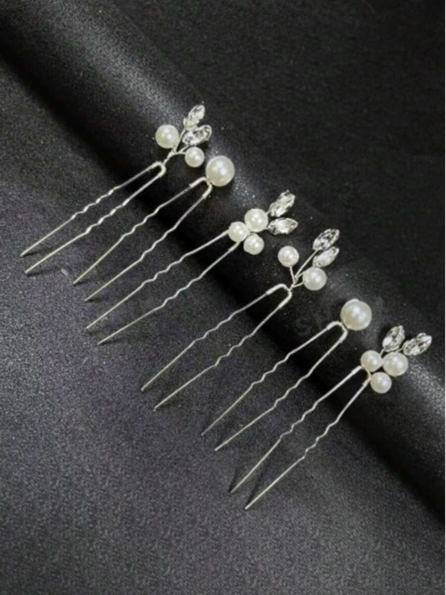 6pcs Pearl Hair Clips, Handmade Crystal U-Shaped Hair Accessories For Brides, Wedding, Party,Summer,Beach - Silver - View 1