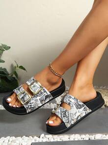 女士夏季平底厚底沙滩凉鞋，露趾透气防滑 - 黑色 - 查看 4