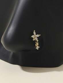 1pc L-Shaped Gold Rhinestone Flower Nose Ring/Stud, Valentine's Day & Mother's Day Gift - Gold - View 11