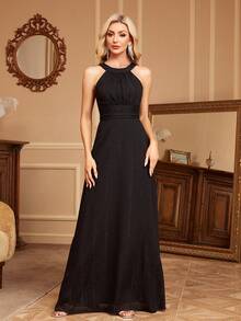 优雅女士无袖褶皱雪纺正式晚礼服，夏季露背黑色雪纺正式派对长裙，适合婚礼宾客、鸡尾酒会、伴娘、舞会等场合。 - 黑色 - 查看 4