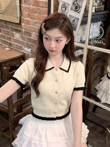 2026春夏女式杏色罗纹针织开衫 - 优雅甜美撞色领口荷叶边短袖上衣，休闲日常穿着、通勤、约会皆宜 - 杏色 - 查看 11