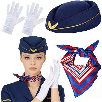 Set de 3 piezas de accesorios de disfraz de azafata, que incluye sombrero, bufanda y guantes, accesorios de disfraz elegantes - adecuados para fiestas con temática de aviación, cosplay, fiestas de disfraces, accesorios para actuaciones en el escenario