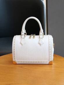2025 New Fashionable High-End Women's Handbag, Large Capacity Boston Cushion Bag, Vintage Rivet Box Shoulder Bag, Versatile Personalized Street-Style Top Handle Satchel, Structured Box Bag - 彩色 - 查看 11