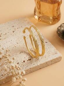 1pc Open Bangle Bracelet With Spiral Pattern & Star Embossed Design, Everyday Wear For Women - Gold - View 1