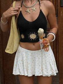 Women's Patterned Camisole Crop Top, Bohemian Style Casual Tie Front Vest Tank Top, Suitable For Summer Beach Vacation Black - Black - View 4