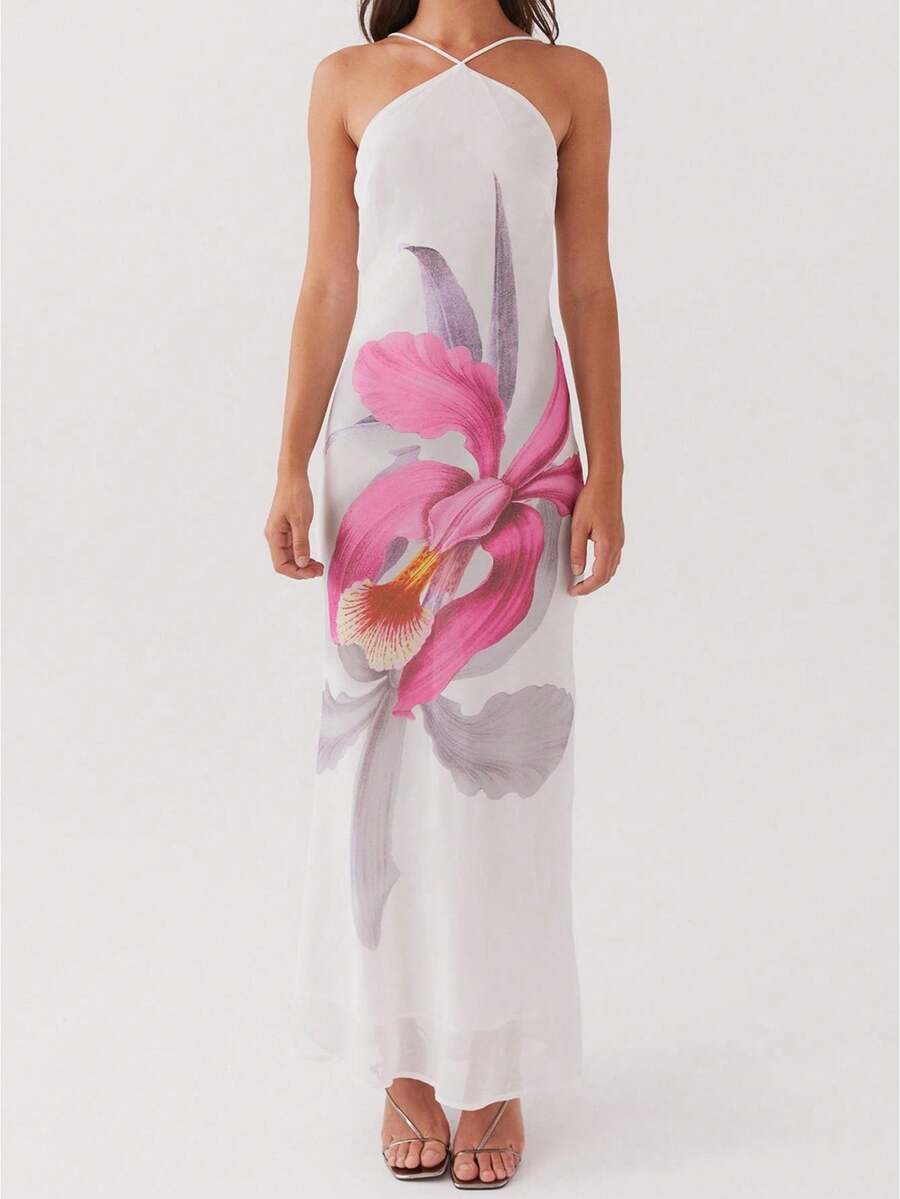 Vestido de verano estampado tipo chaleco para mujer - sin espalda, entallado - adecuado y a la moda, ideal para fiestas, playas, uso diario y vacaciones - Morado - Ver 1