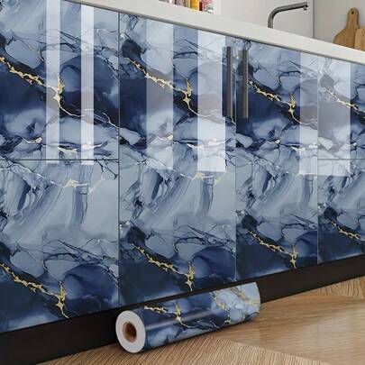 1 Roll Blue Decorative Non-Adhesive Contact Paper, Smooth Surface, Easy To Clean, Cuttable, Suitable For Kitchen, Room, Living Room, Office, Bathroom Wall Decor, TV Background