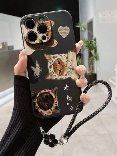 1pc Perforated Straight Edge Heart-Shaped Cat Painted Thick Anti-Drop Painted Phone Case With Decorative Accessories Braided Wrist Strap, Compatible With IPhone/ Galaxy/