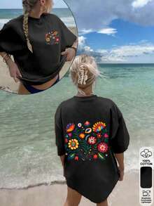 Frühling/Sommer Oversized Top, 100% Baumwolle, Damen Kurzarm T-Shirt, lustige und farbenfrohe Blumenmuster, Rundhals, weich und bequem, lässig, Streetwear, Y2K, Strand, Abschlussfeier, Urlaubstop, Musikfestival, schwarzes Top - Schwarz - Übersicht 3