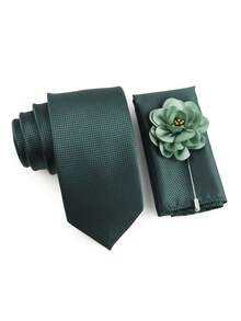 ZONFAZ 男士简约百搭三件套：灰粉色领带、格纹口袋巾、花卉胸针。柔软轻盈，适合婚礼、庆典、派对等场合。男士领带搭配的理想之选。 - 墨綠色 - 查看 3