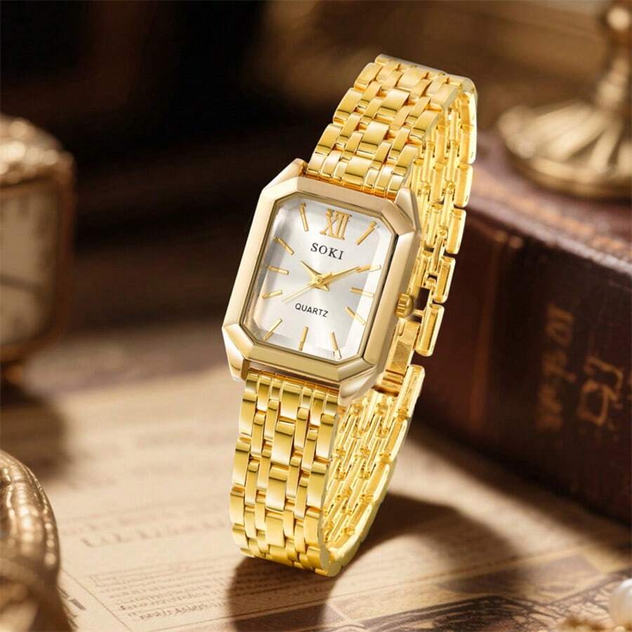 SOKI New Fashion Square Dial Quartz Women's Watch, Suitable For Daily Wear, Birthday Gift, Back To School, Thanksgiving, Couples, Best Gift - Gold - View 1