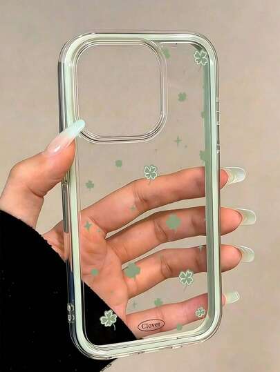 一款大孔纯色舒适手感手机壳，印有幸运四叶草2D图案，乳绿色二合一边框透明后盖保护壳，十字星印花，适用于11/12/13/14/15/16/16promax/12Pro/13Pro/14Pro/15Pro/16Pro/14plus/15plus/16plus/12Promax/13promax/14promax/15promax/16promax，高级手感手机壳，少女花朵图案，兼容 17/17Pro/17promax/Air最新款苹果手机壳