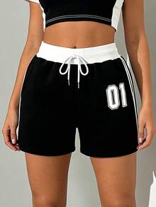 Navy Contrast Waistband Shorts, Soft Fabric, Loose Fit, Numeric Print & Striped Details For Casual American Vintage Vibe! Sports - Black - View 5
