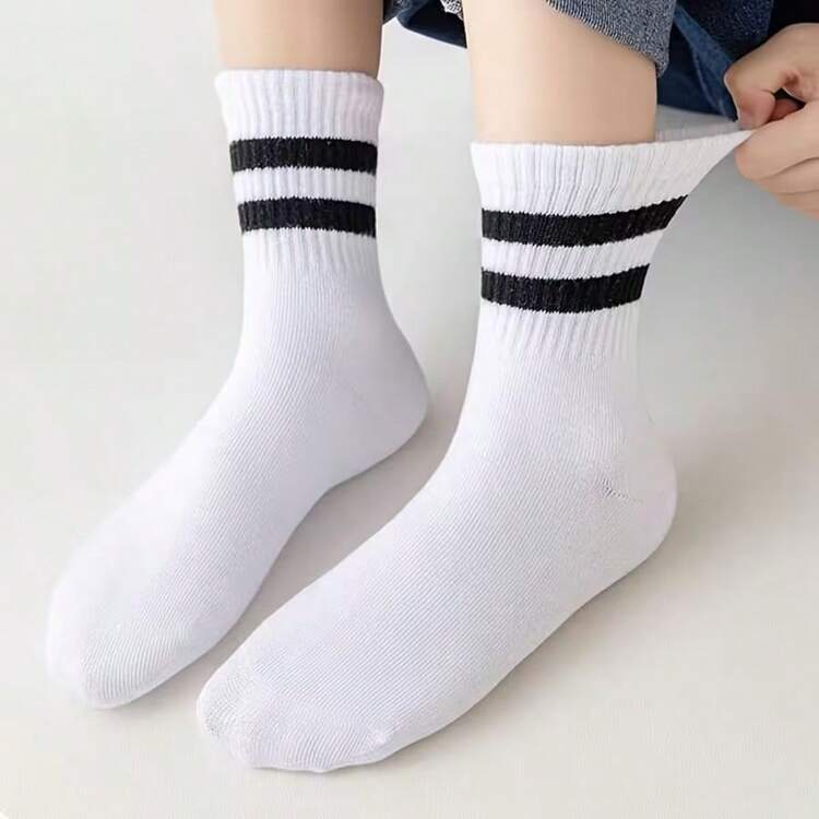 10双装儿童青少年黑白条纹运动袜，学生返校日常休闲袜，幼儿中筒袜，四季皆宜 - 黑與白 - 查看 5