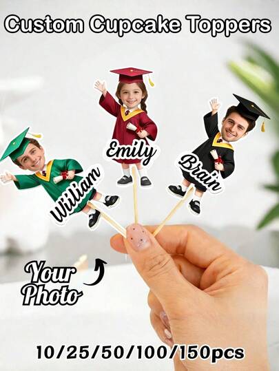 1/10/25/50/100/150pcs Personalized Photo Cake Toppers – Custom Graduates Faces, Customized Graduation Season Photo Ornament, Graduation Commemorative Gift For Her/Him, Fun Custom Toothpick Cupcake Toppers, Graduation Decorations, Unique Party Supplies For Graduation,Weddings, Family Gatherings, And Special Occasions, Warm Gifts For Graduates,Customized Graduation Season Photo Ornament, For Valentine's Day,For Mother's Day,For Birthdays,For Children's Day,For Father's Day,For Graduatio