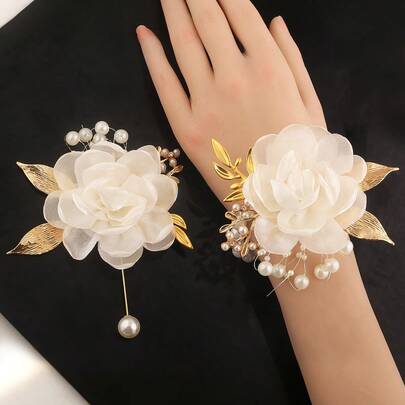 2pcs Elegant Ivory Rose Flower With Small Beads, Golden Leaf & Rhinestone Decor, Beautiful Corsage And Pearl Chain Wristlet, Suitable For Bride, Groom, Bridesmaid, Groomsman, Wedding, Prom, Party, Ceremony