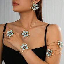 Set de 4 piezas de collar, aretes y anillo con diseño de flor hueco de metal esmaltado en estilo bohemio elegante y de moda, adecuado para uso diario y de fiesta de mujeres, diseño de flor aleatorio - Verde - Ver 14