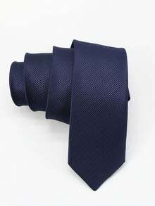 1条男士纯色藏蓝色微条纹纹理休闲领带，适合学校、正装、通勤和日常穿着。 - 藏蓝色 - 查看 4