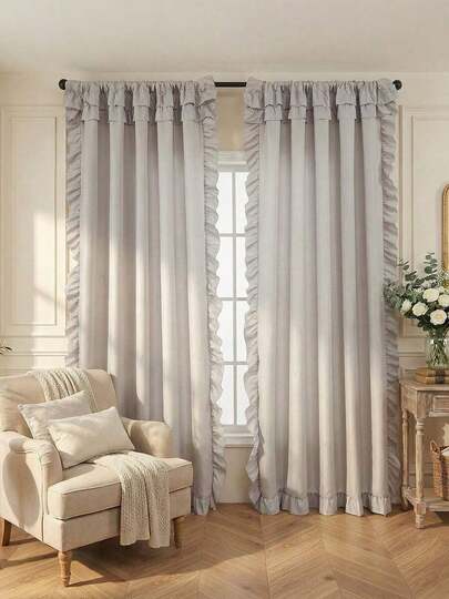 1pc Plain Voile Ruffle Edge Curtain, Nordic Luxury Solid Semi-Sheer Lightweight Soft Ruffle Edge Curtain, Suitable For Living Room Bedroom, Party Holiday Home Decor