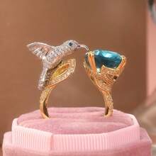 Vintage Elegant 3D Hummingbird Open Ring, Dual-Tone Ring With Synthetic Aquamarine Zirconia Stone, Perfect Gift For Women And Girls - Gold - View 4