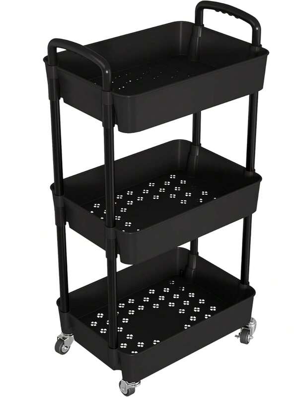 3-Tier Rolling Utility Cart With Drawer, Multifunctional Storage Organizer With Hooks & Baskets, Rolling Trolley For Bathroom, Kitchen, Bedroom, Office, Makeup