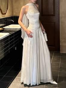 优雅女士缎面吊带褶皱连衣裙，适合毕业典礼、晚宴、奢华伴娘礼服、飘逸婚礼宾客装、假日旅行春季派对穿着 - 杏色 - 查看 4