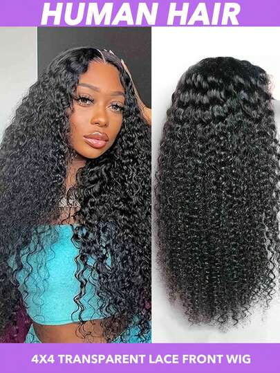 Tóc giả xoăn xù không cần keo, tóc thật, đã tỉa sẵn, dài 26 inch, độ dày 150, khóa ren 4x4, tóc giả xoăn sóng, ren phía trước trong suốt dành cho nữ, màu đen tự nhiên, tóc thật, phù hợp sử dụng trong nhiều trường hợp (8-30 inch)