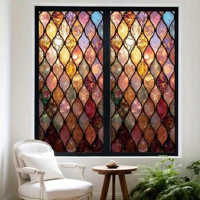 1 pieza Película de vidrio de colores. Material PVC removible resistente al agua con efecto estático. Diseño de patrón geométrico de rombos. Adecuado para dormitorio y decoración del hogar DIY.