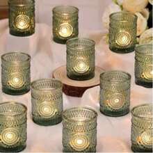 12 pezzi Portacandele in vetro verde vintage, adatti per la decorazione del tavolo da matrimonio, addio al nubilato, decorazione per feste, tea festa bohémien, bomboniere per matrimoni - verde - Visualizzare 3