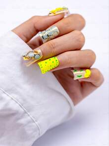 10Pcs Handmade Short Duck Bill Acrylic Press On Nails, Fluorescent Yellow Floral Style, 3D Yellow Flower, Gold Metal Ball, Geometric Gold Frame, Polka Dot Accents, Daily Chic Spring Party Nails Summer, Fresh Shiny Vibe Easter St Patricks Day Women - 彩色 - 查看 5