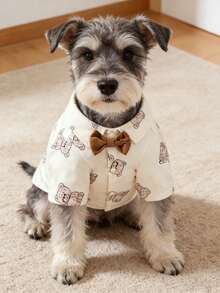 Bear Pattern Cute Bow Tie Spring And Autumn Pet Puppy Kitten Clothes Shirt One Piece - Beige - View 1