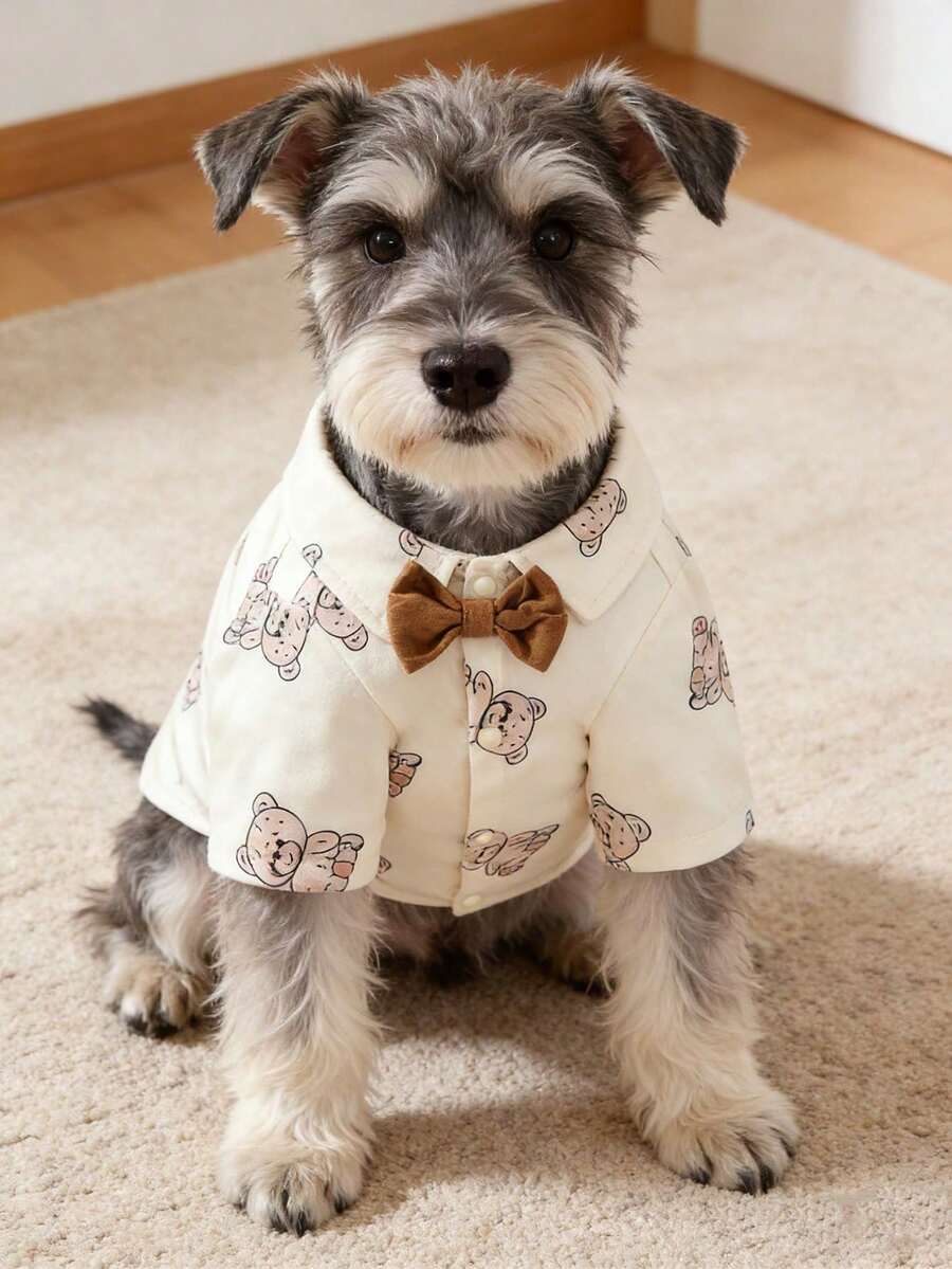 Bear Pattern Cute Bow Tie Spring And Autumn Pet Puppy Kitten Clothes Shirt One Piece - Beige - View 1