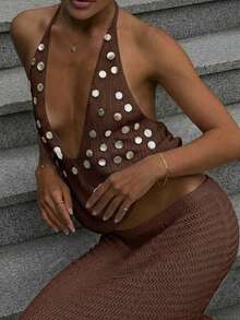 女士夏季两件套，包括深V领无袖吊带背心和修身长裙，休闲度假风，适合海滩、旅行，包含亮片上衣、女士罩衫和夏季女装。 - 咖啡 - 查看 5