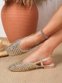 2026 New Bohemian Hollow Out Woven Breathable Slip-On Mules, Flat Casual Comfortable Elegant Perforated Shoes, Lightweight, Breathable, Suitable For Daily Casual, Shopping, Office And Other Occasions - Gold - View 6