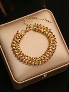 RAYQUEEN 1pc Stainless Steel Geometric Retro Hip-Hop Cool Bracelet For Women, Suitable As Holiday Gift - Yellow Gold - View 1