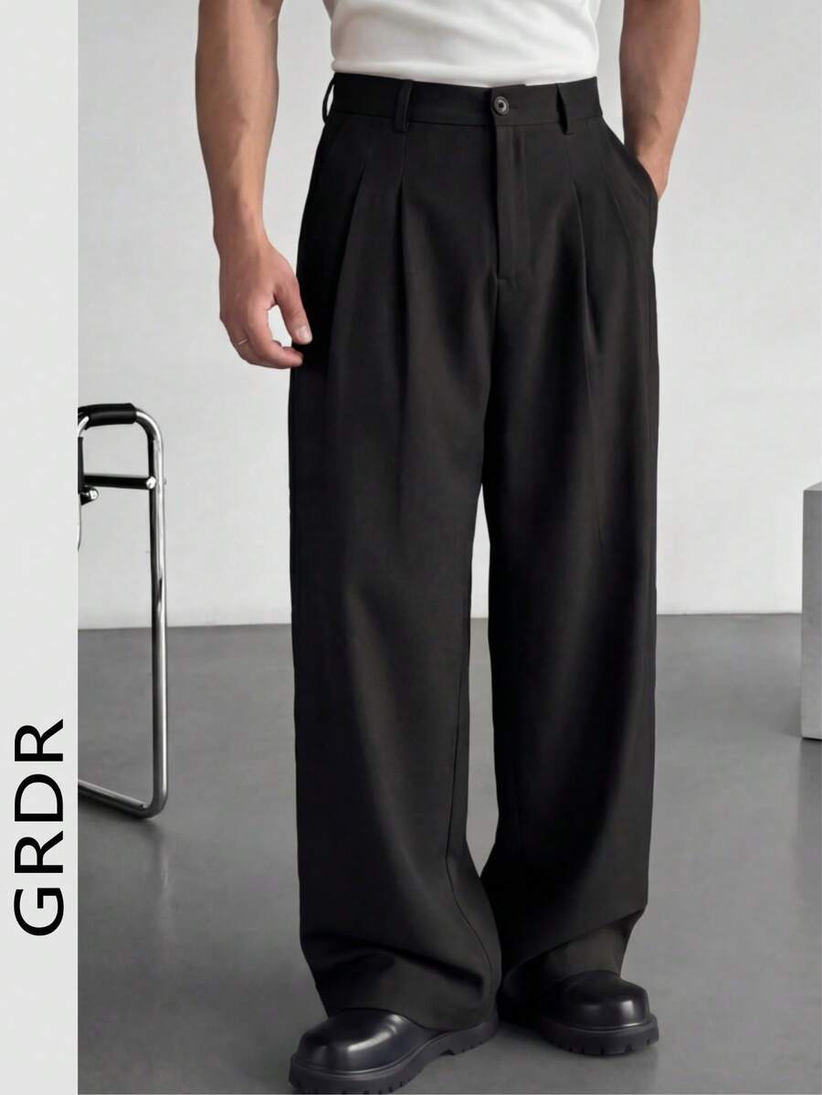 GRDR Solid Color Slanted Cut Straight Leg Casual Pants, Button & Zipper Closure, Draping Effect Slimming Straight Leg Sweatpants For Daily Commute - Black - View 1