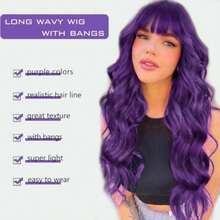 Dark Purple Wig with Bangs for Women 26 Inch Long Wavy Purple Wigs Synthetic Heat Resistant Wig for Daily Party Use - Morado oscuro - Ver 3