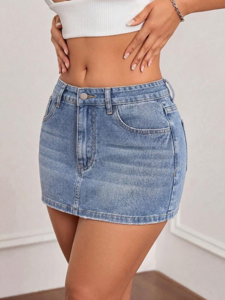 浅蓝色高腰毛边牛仔迷你裙，百搭休闲风，打造显瘦夏日造型 - 藍色 - 查看 4